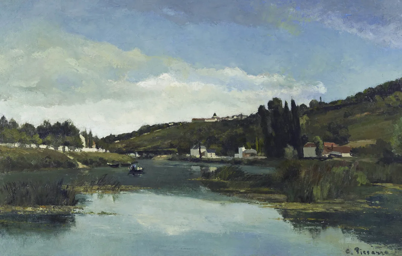 Photo wallpaper landscape, river, picture, Camille Pissarro, The banks of Marne in Cheneviere