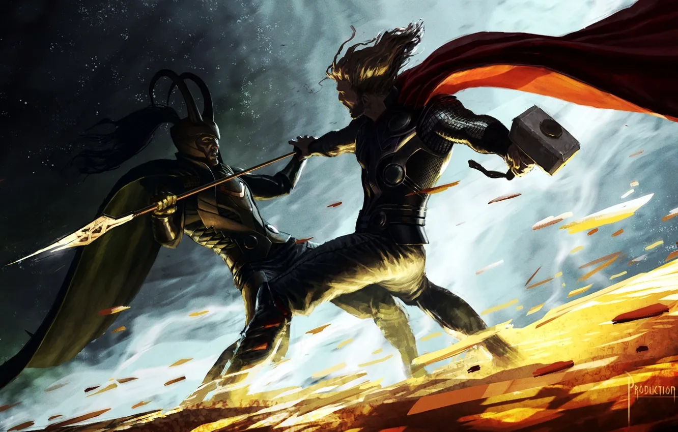 Photo wallpaper the battle, Thor, Loki