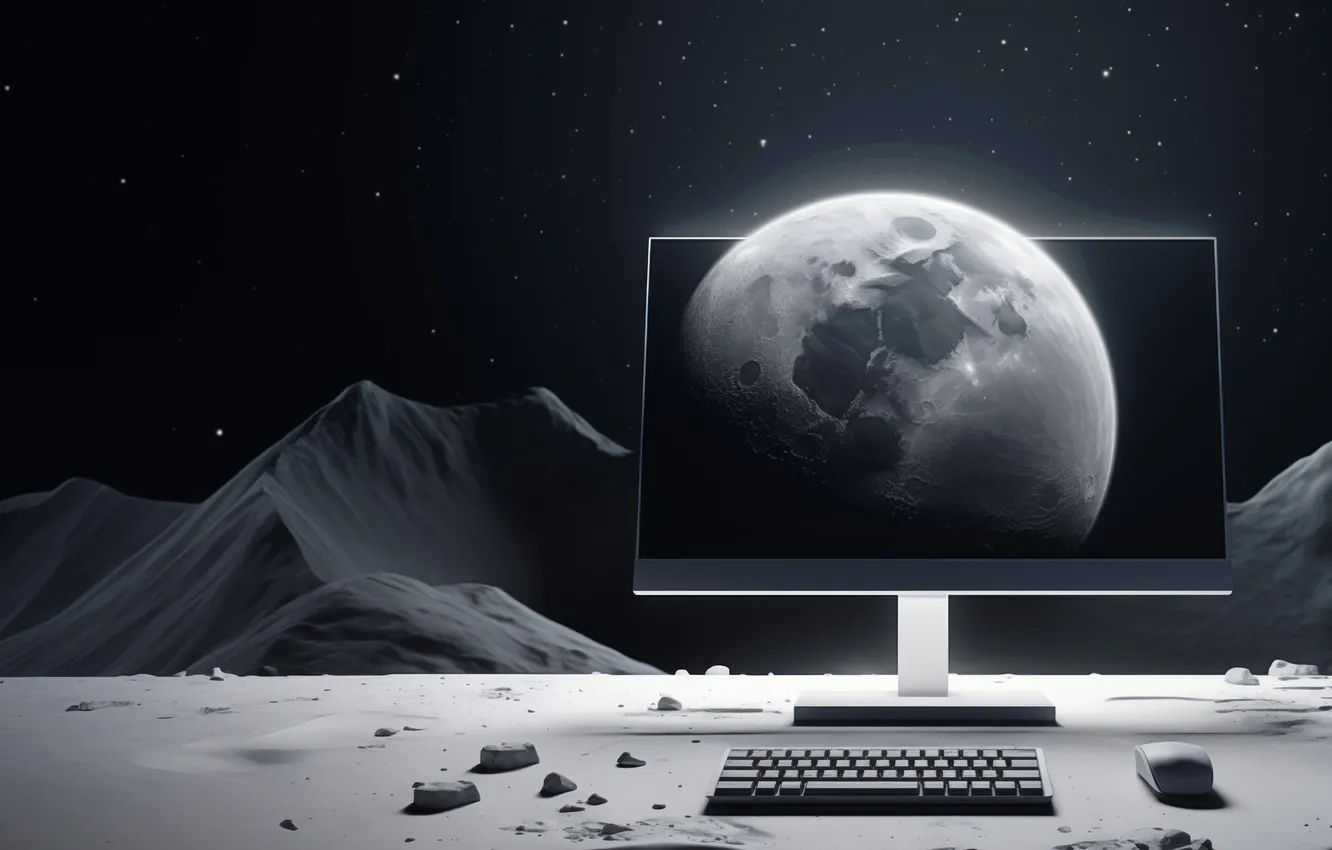 Photo wallpaper space, Moon, computer, table, keyboards, computer mice