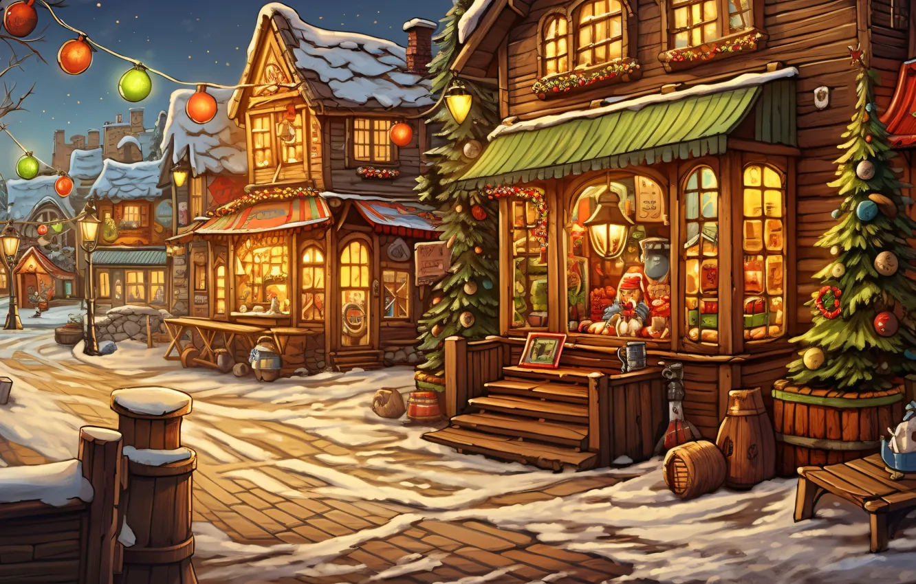 Photo wallpaper winter, snow, holiday, graphics, tree, new year, home, Christmas