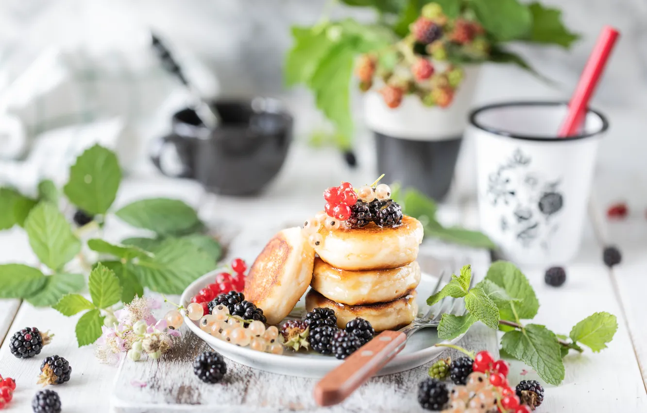Photo wallpaper berries, Breakfast, honey, currants, BlackBerry, pancakes, Karina Klachuk