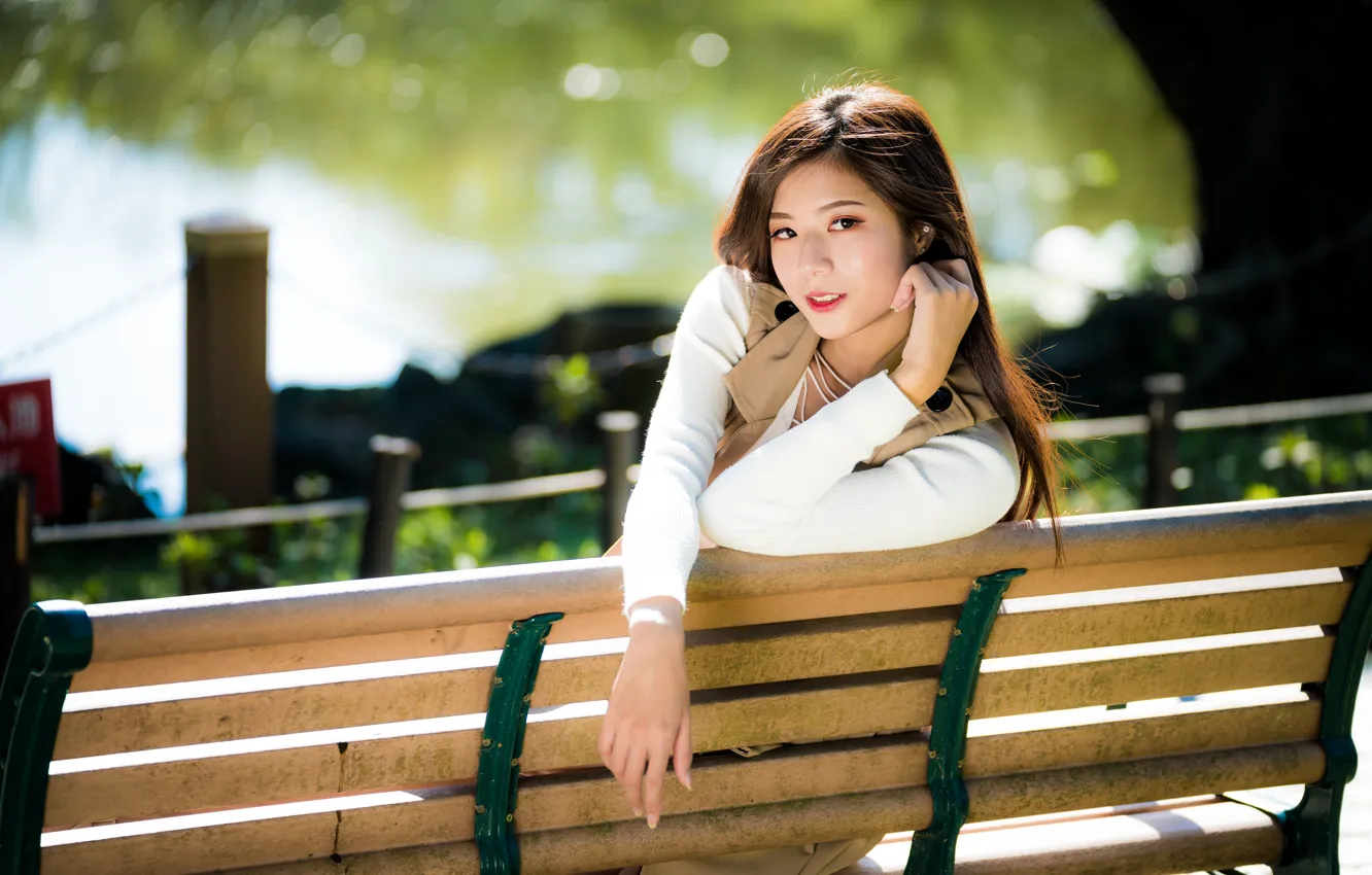 Photo wallpaper look, girl, Park, Asian, bench, bokeh