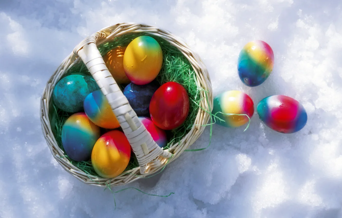 Photo wallpaper snow, basket, Easter eggs, krashanki