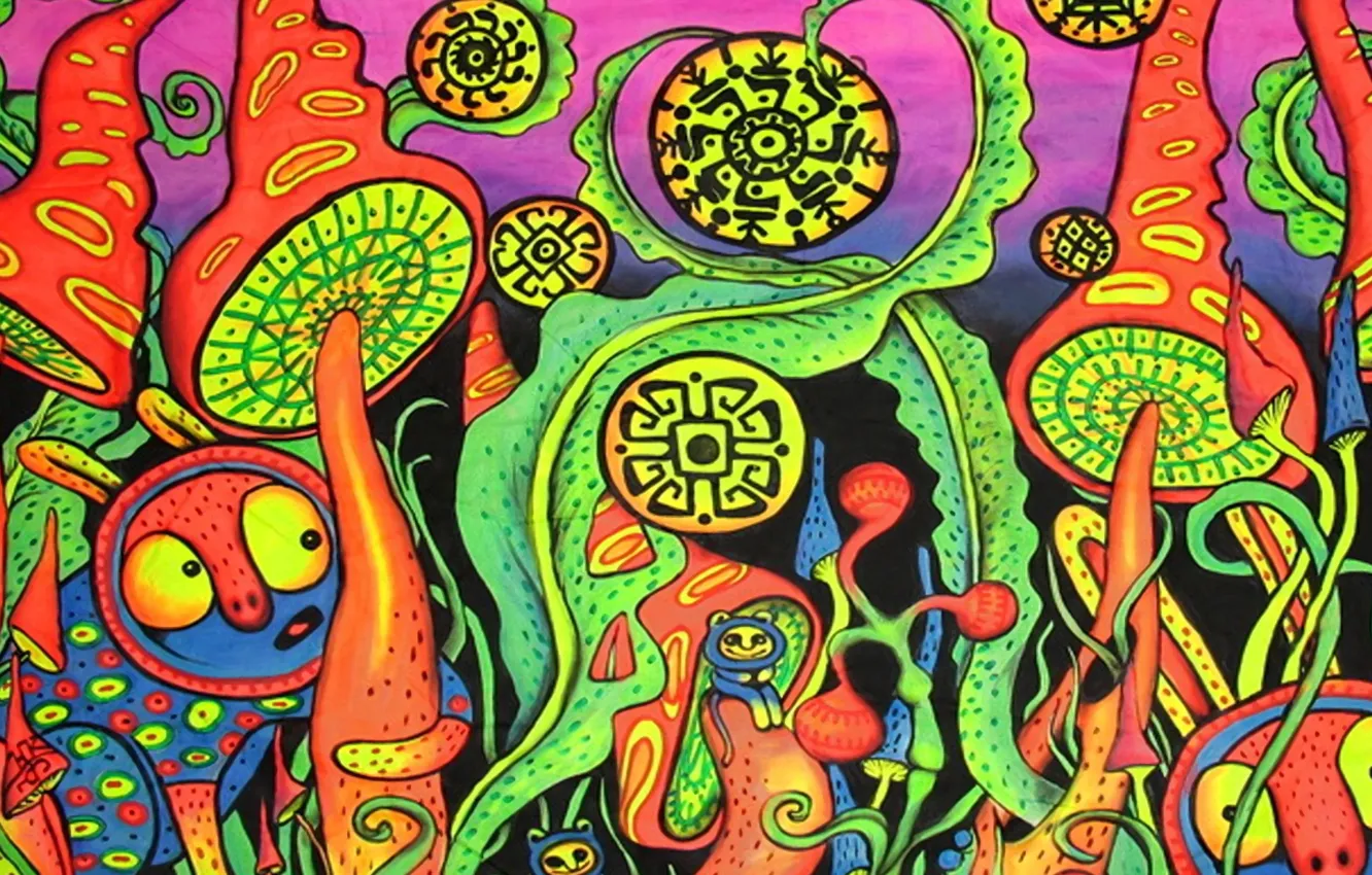 Photo wallpaper grass, bright colors, flowers, mushrooms, being, grass, Vision, flowers