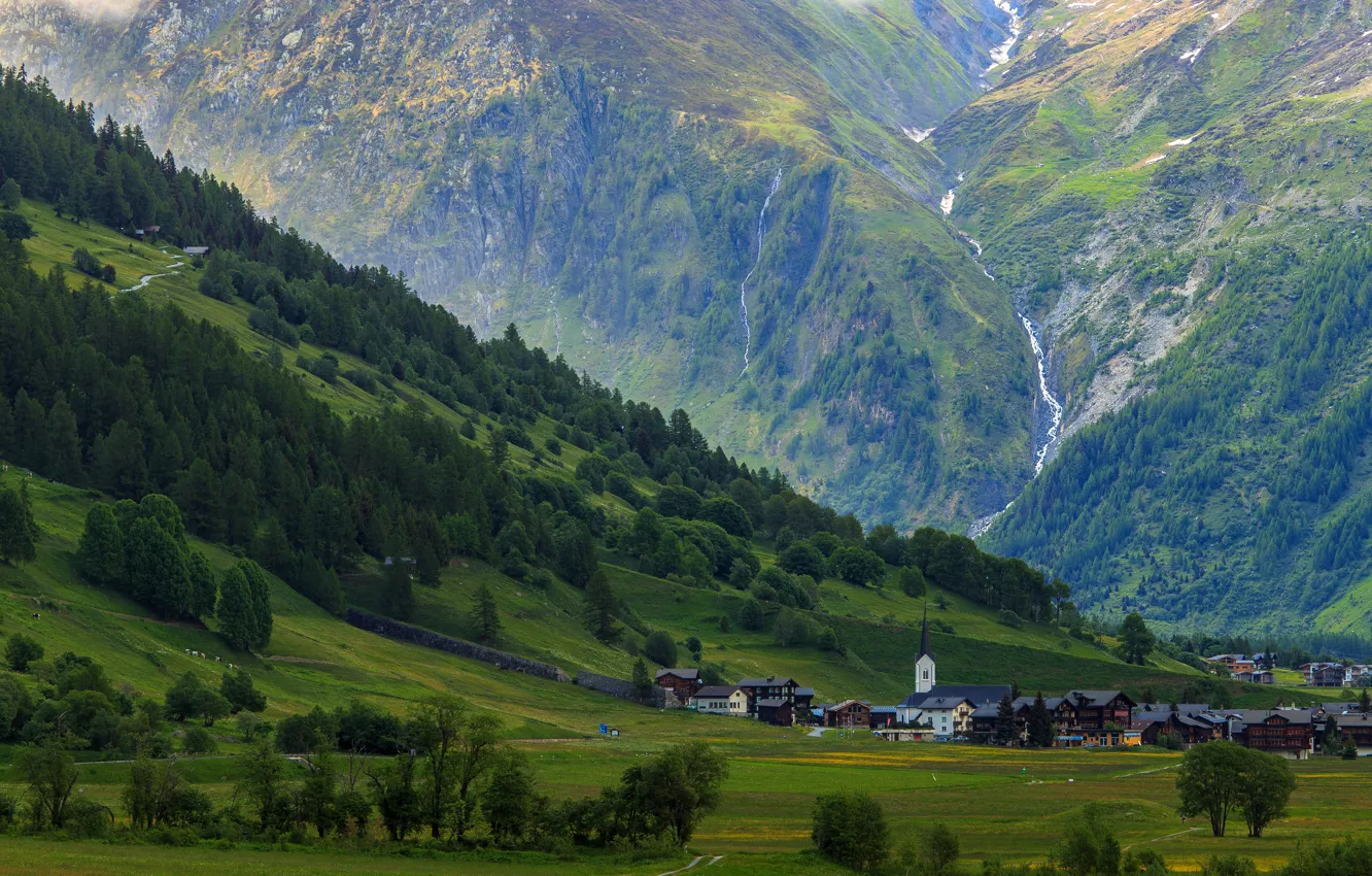 Photo wallpaper trees, mountains, stream, rocks, home, Switzerland, valley, gorge