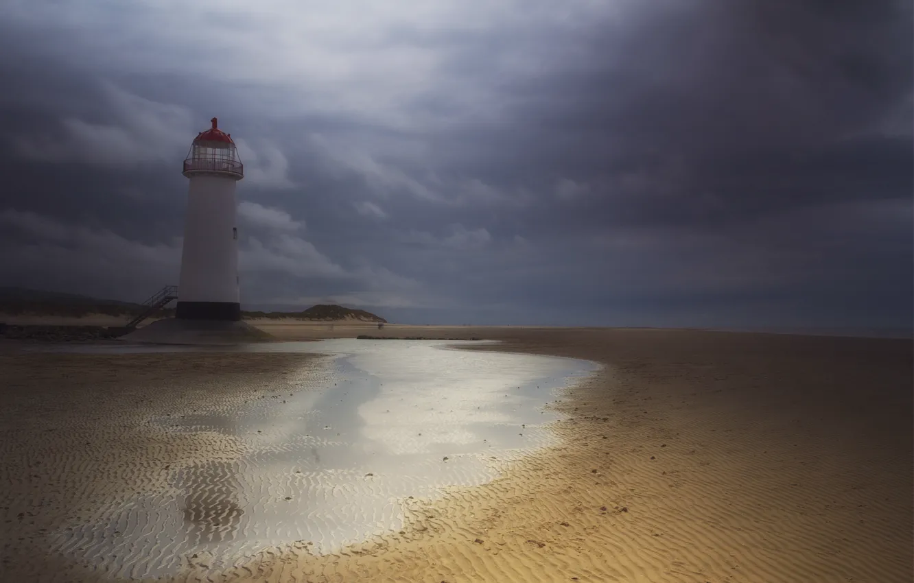 Photo wallpaper sand, the storm, the sky, water, clouds, lighthouse, England, UK