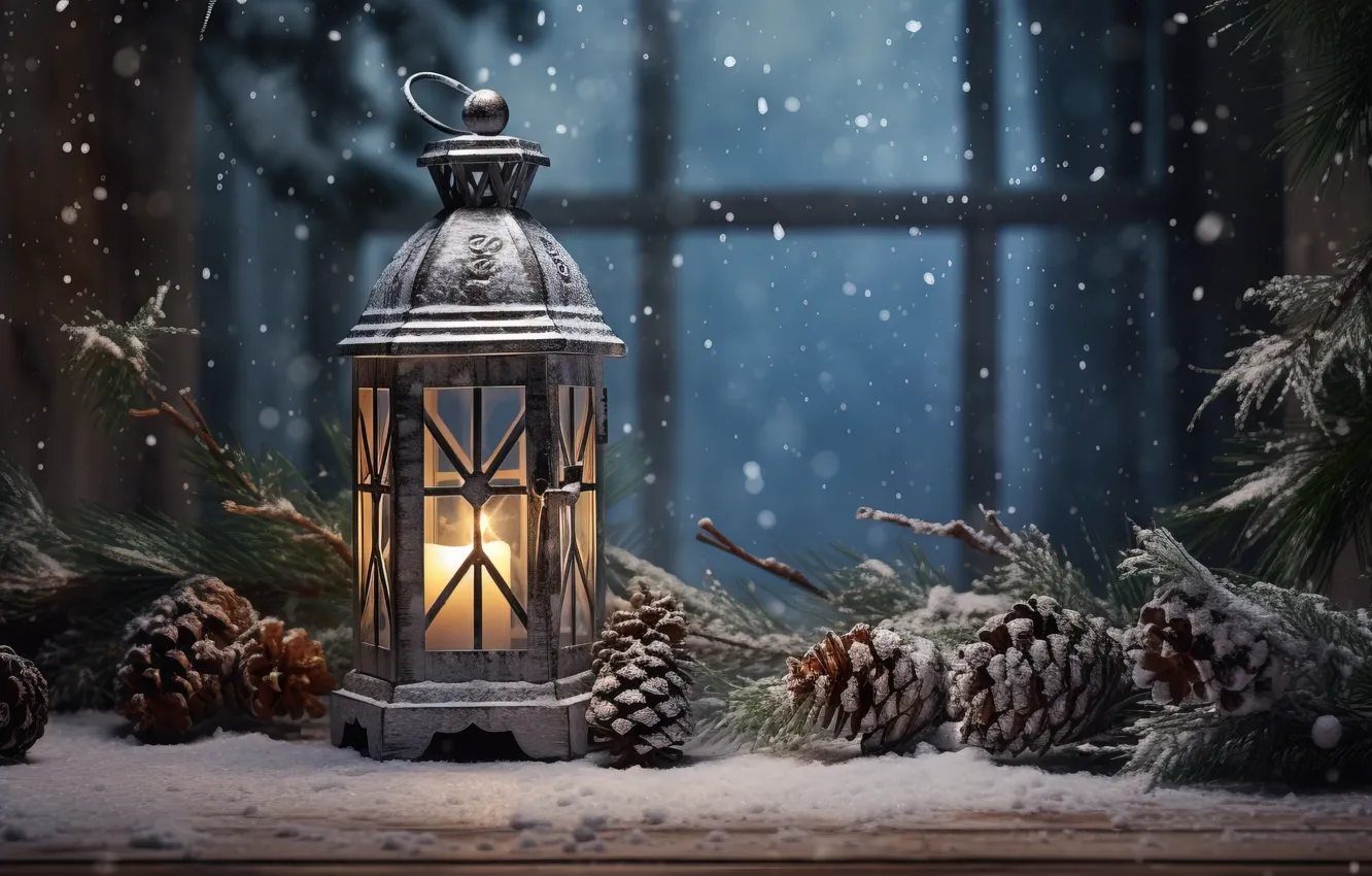 Photo wallpaper winter, snow, decoration, night, new year, Christmas, lights, light