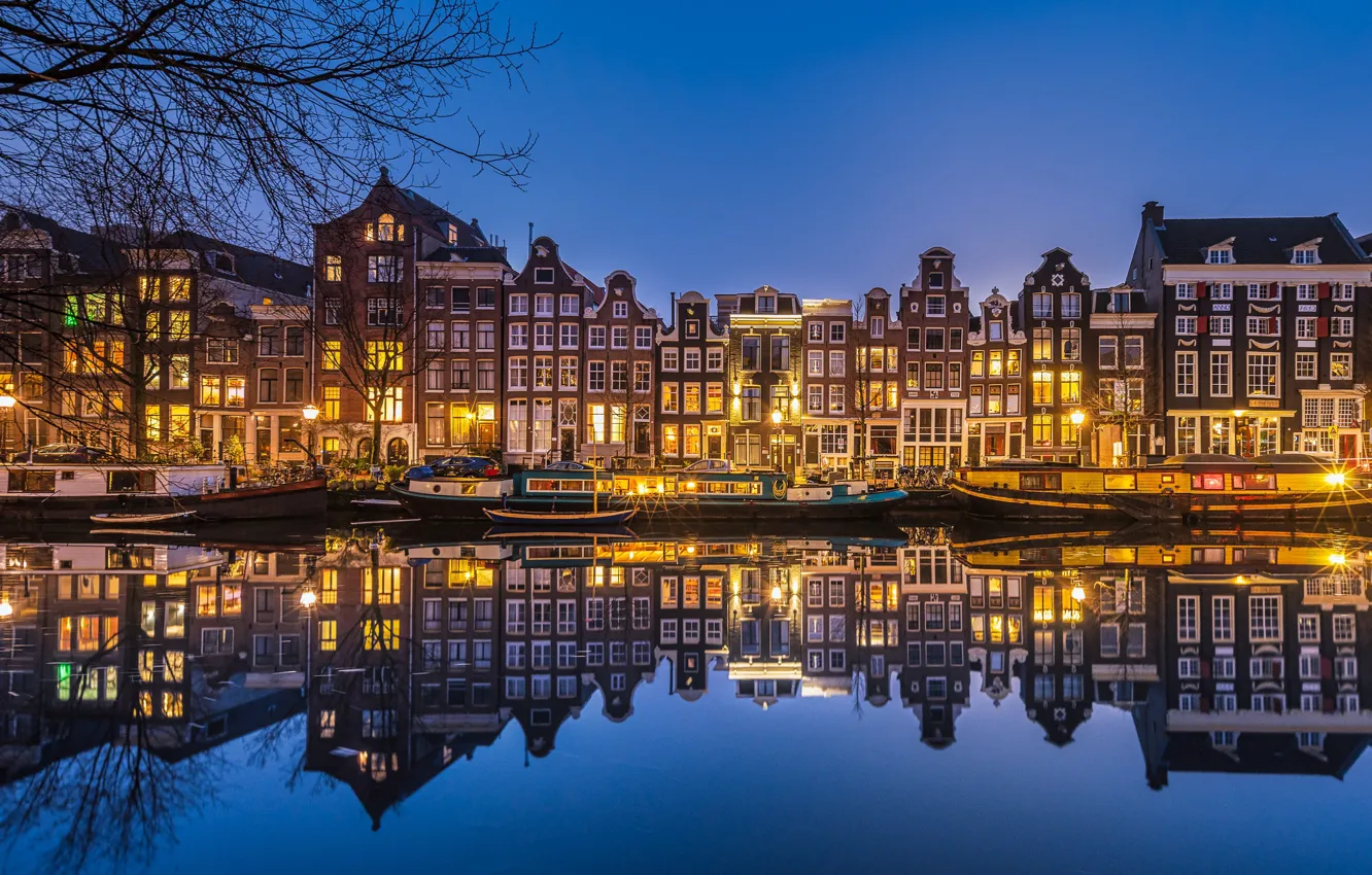 Photo wallpaper reflection, building, home, pier, Amsterdam, Netherlands, night city, Amsterdam