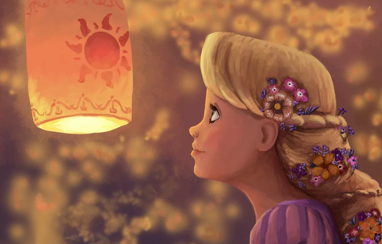 Photo wallpaper girl, flowers, art, flashlight, profile, Rapunzel