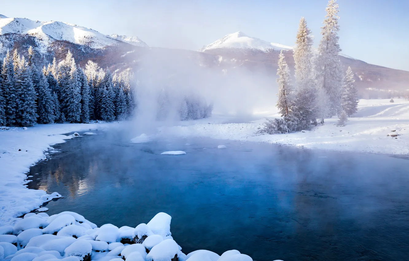Photo wallpaper winter, the sky, snow, trees, nature, fog, lake, background