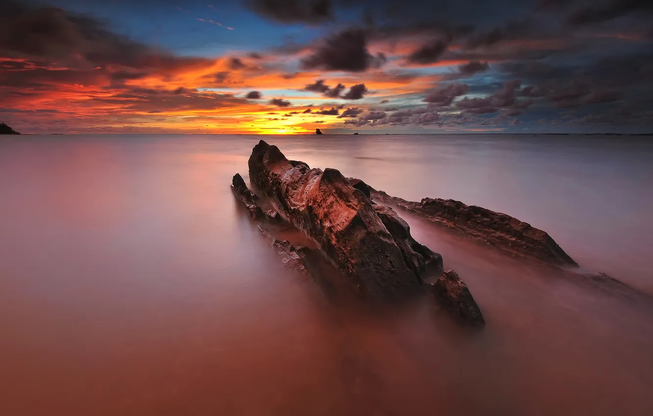 Photo wallpaper sea, clouds, sunrise, stone, horizon