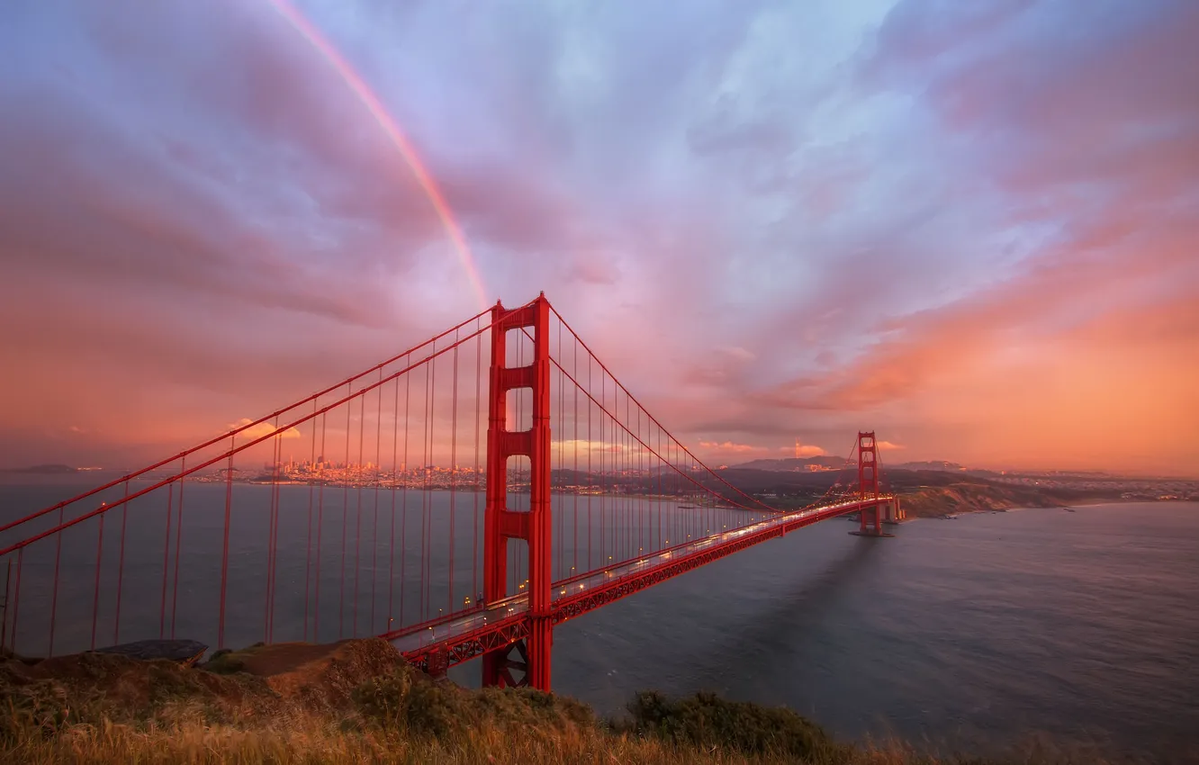 Photo wallpaper clouds, bridge, rainbow, the evening, San Francisco
