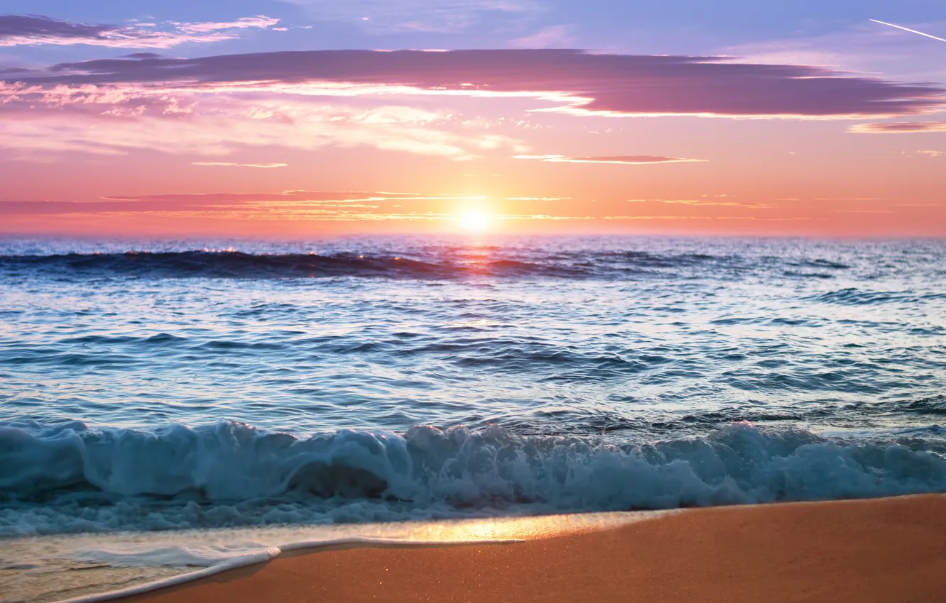 Photo wallpaper sea, sunset, beach, sea, sunset, sand, wave