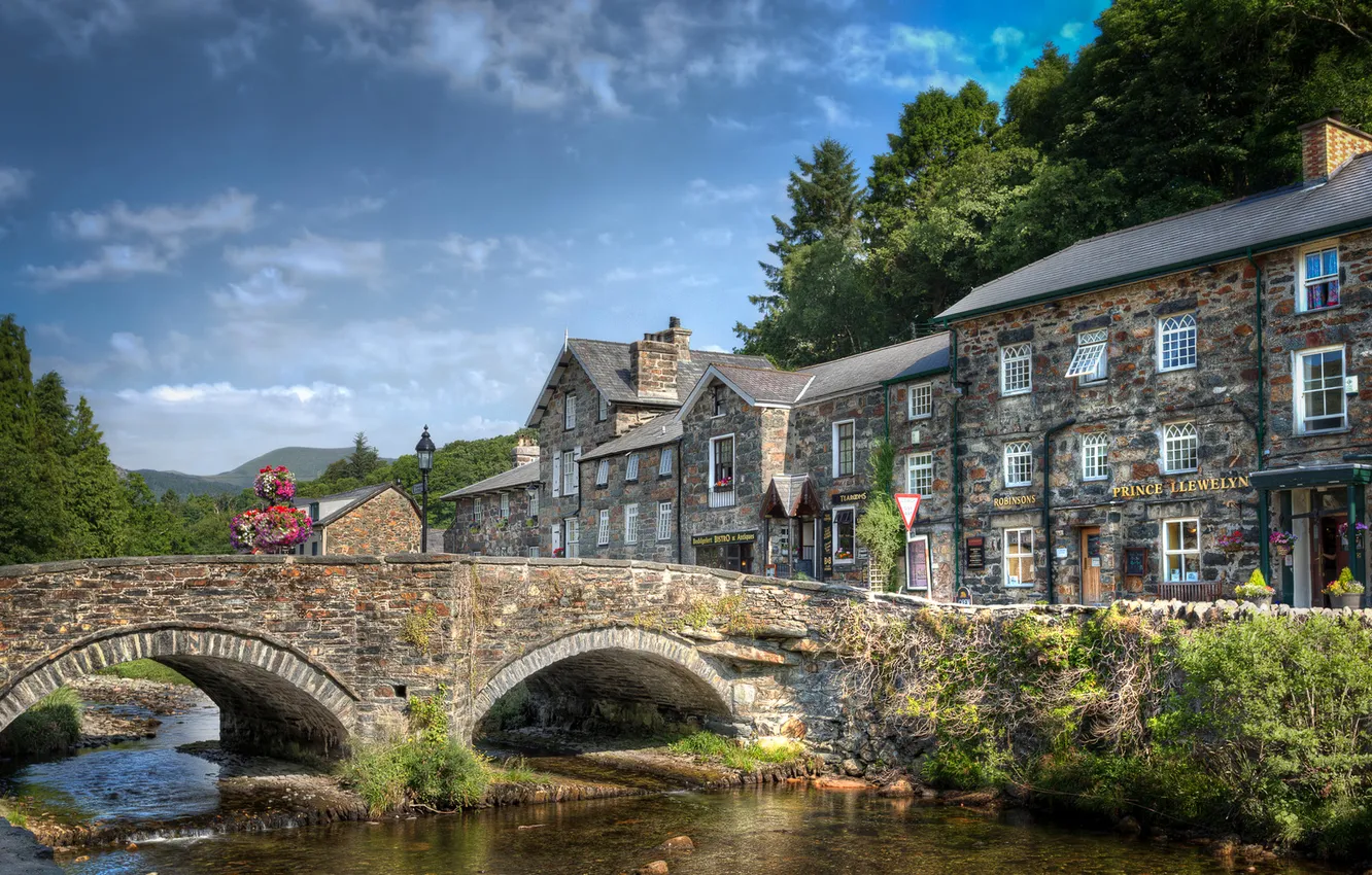 Photo wallpaper the sky, trees, flowers, bridge, river, home, town, Wales