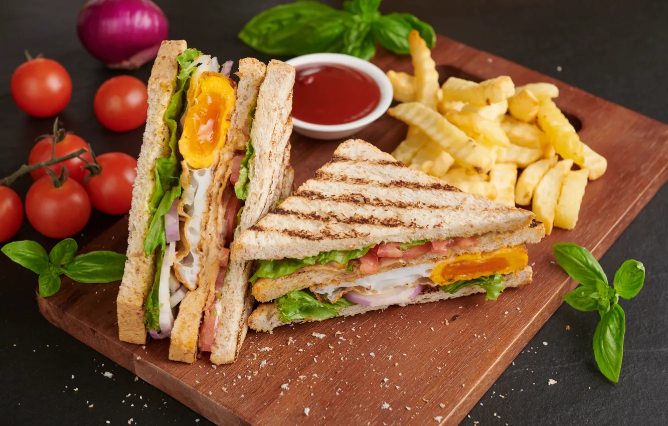 Photo wallpaper food, eggs, bow, bread, vegetables, tomatoes, sauce, ketchup