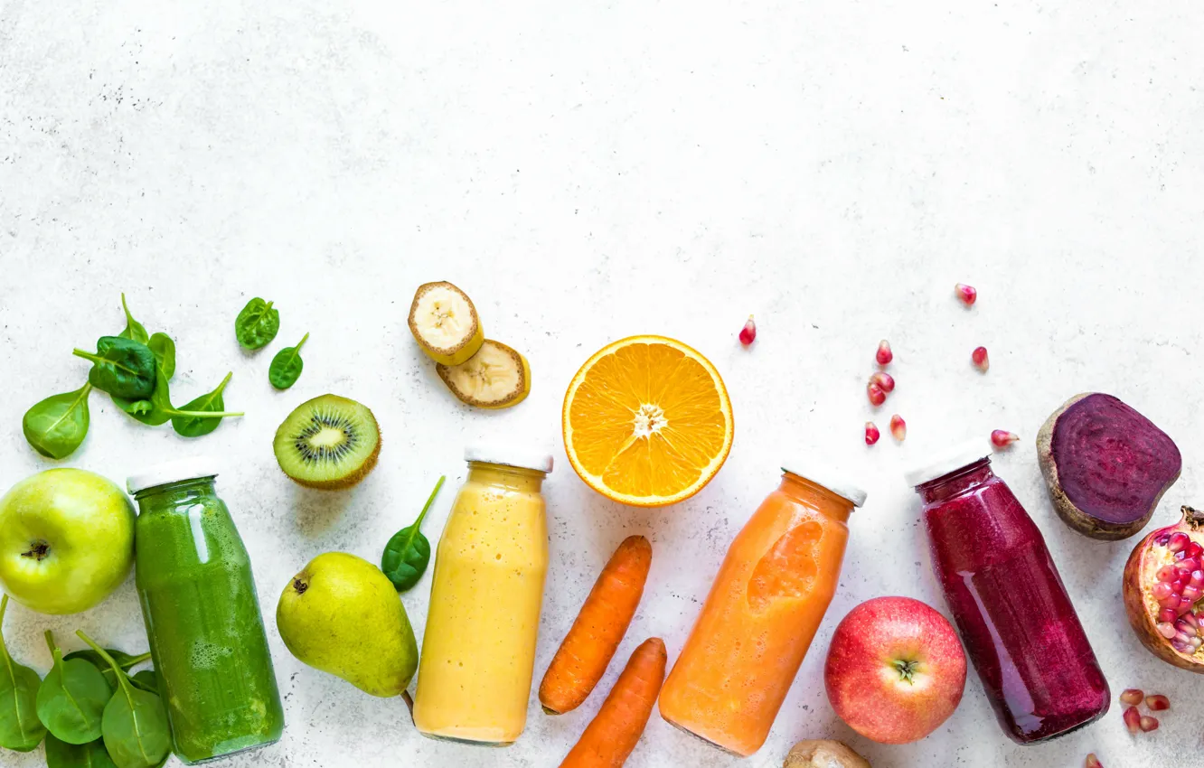 Photo wallpaper juice, bottle, fruit, light background, fruit, smoothies, vegetable