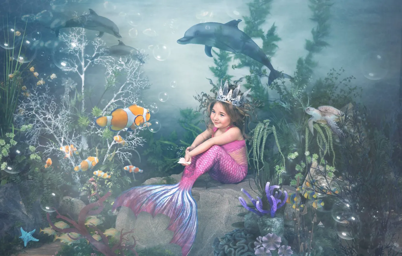 Photo wallpaper fish, algae, turtle, corals, girl, dolphins, underwater world, the little mermaid