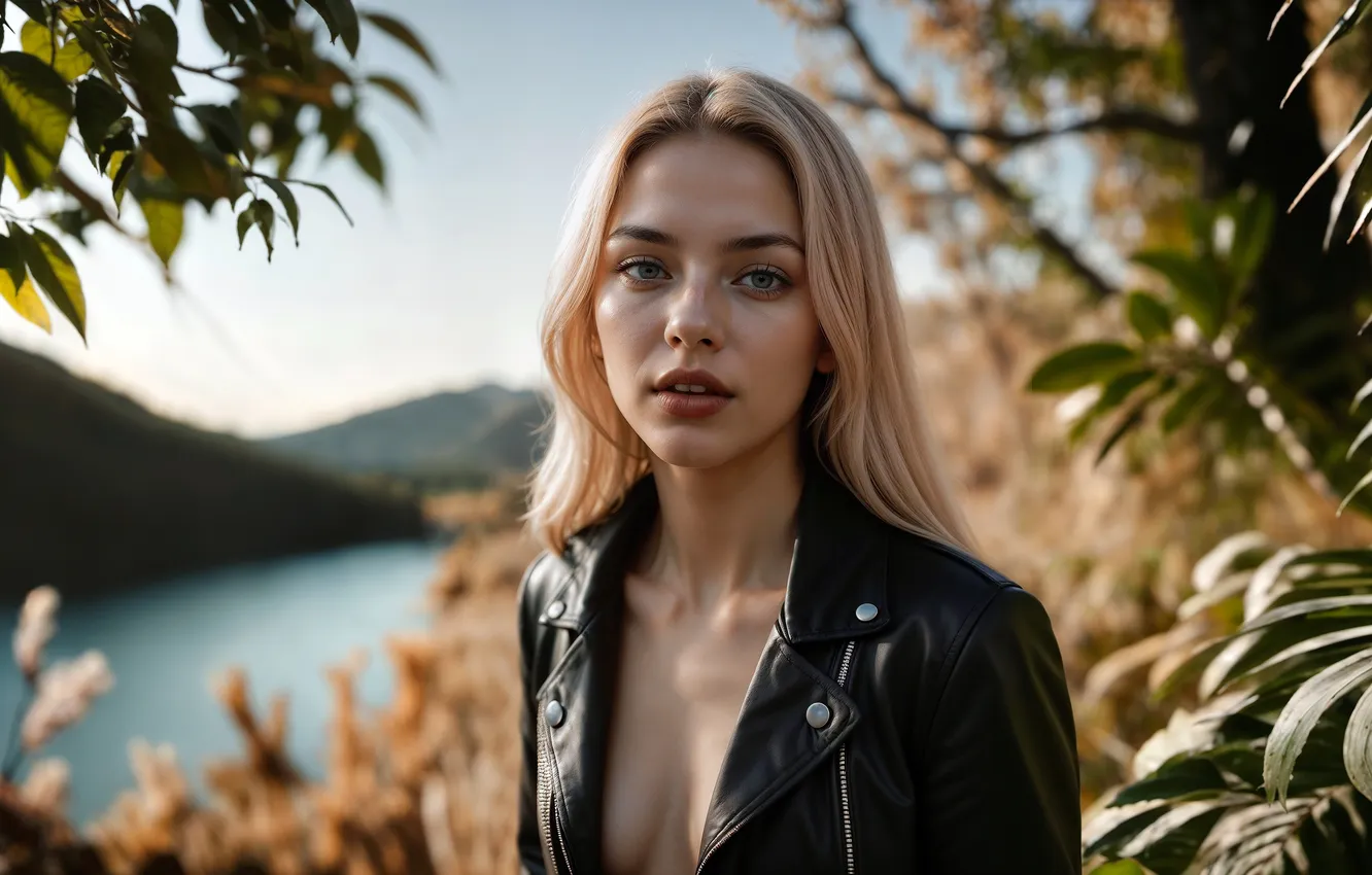 Photo wallpaper girl, portrait, blonde, beautiful, blonde hair, leather jacket, kozhanka