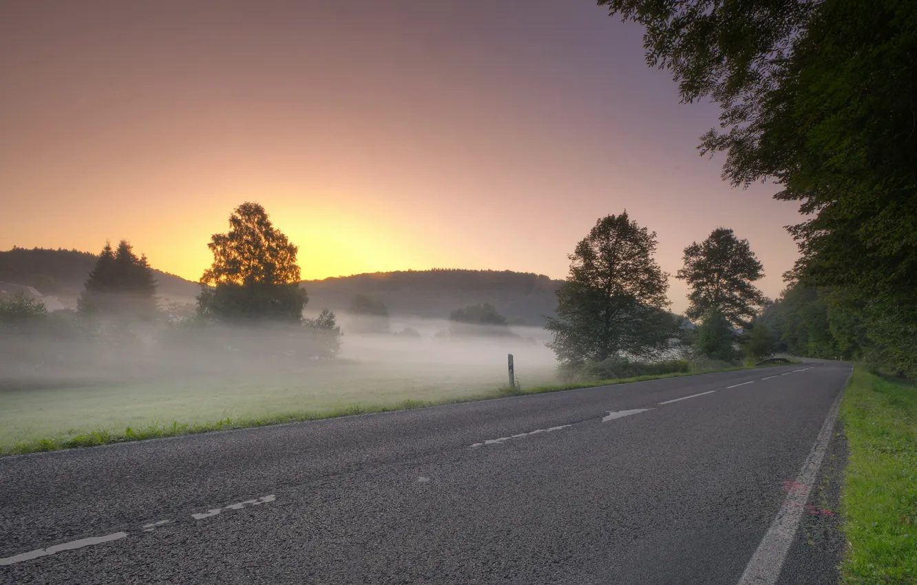 Photo wallpaper road, field, landscape, sunset, fog
