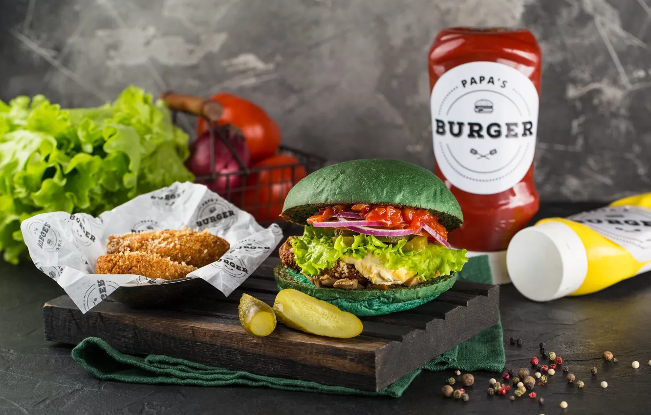 Photo wallpaper hamburger, ketchup, cucumbers, salad, mustard