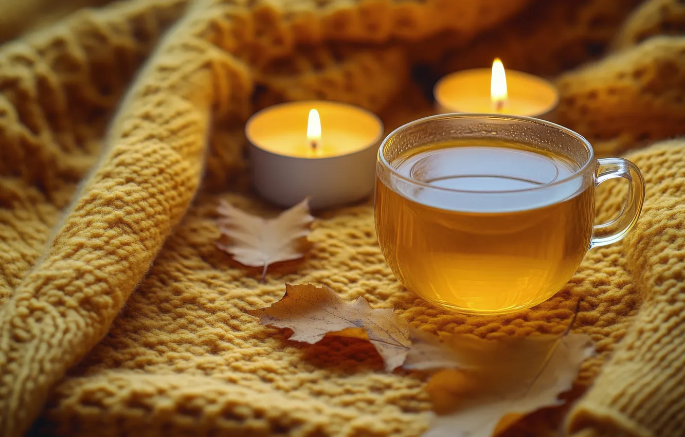 Photo wallpaper autumn, candles, tea, Cup, AI art, plaid, neural network