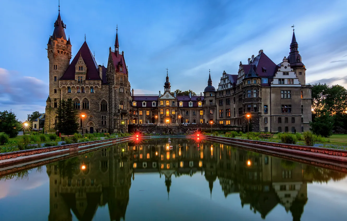 Photo wallpaper pond, reflection, castle, Poland, lights, Poland, Posnanski castle, Moszna