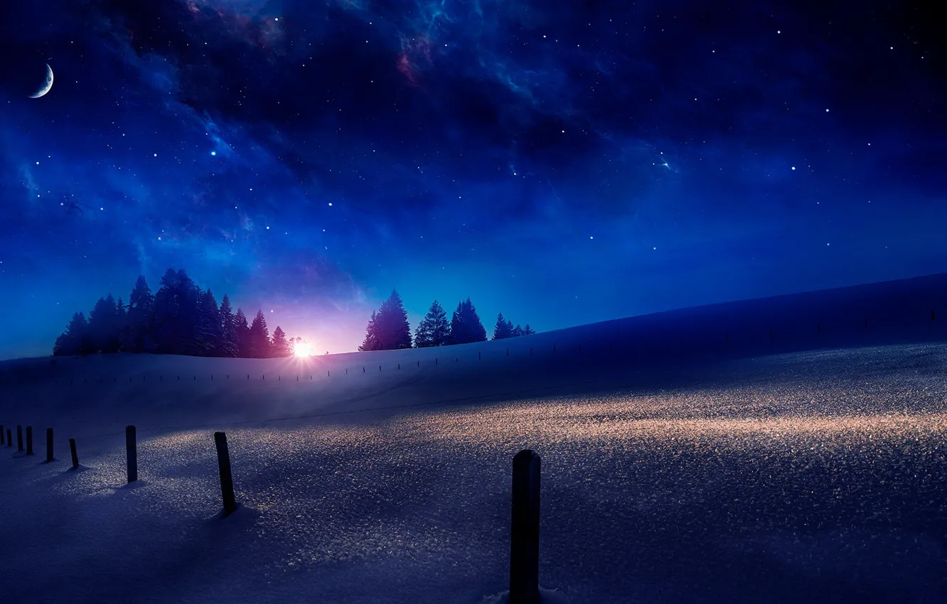 Photo wallpaper winter, forest, the sky, the sun, space, stars, light, snow