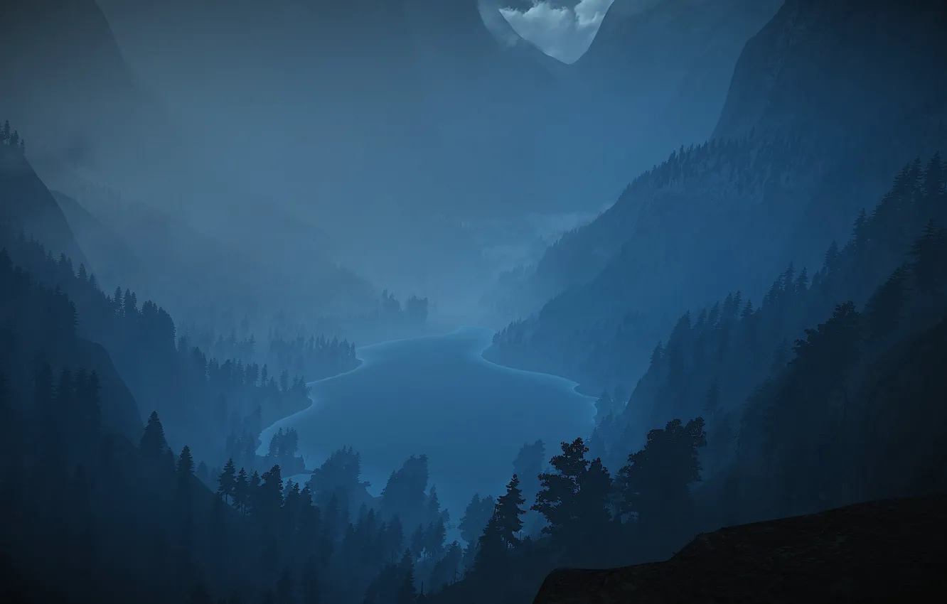 Photo wallpaper water, clouds, trees, mountains, blue, lake, blue, grey