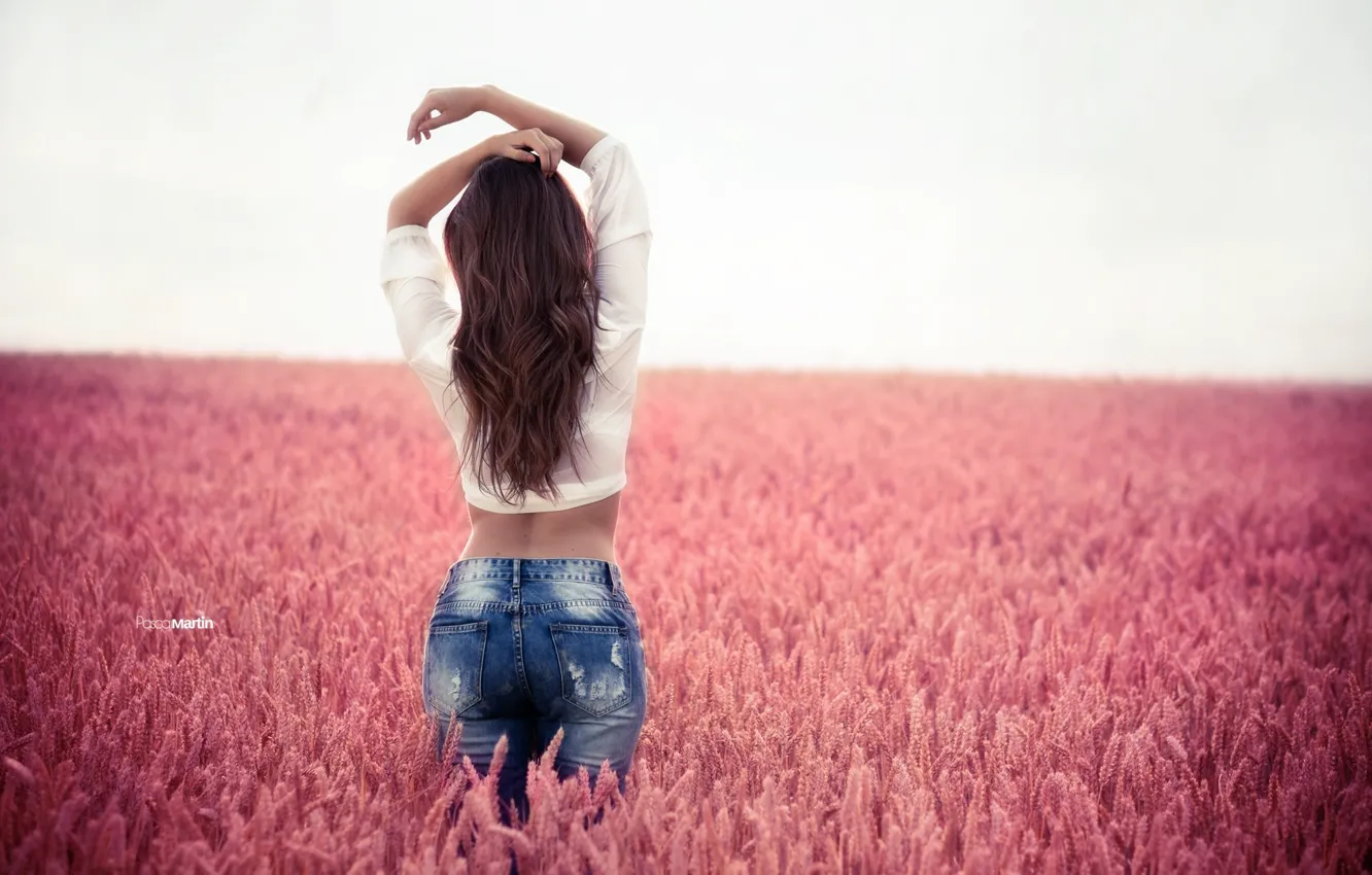 Photo wallpaper field, the sky, landscape, pose, model, jeans, hands, figure