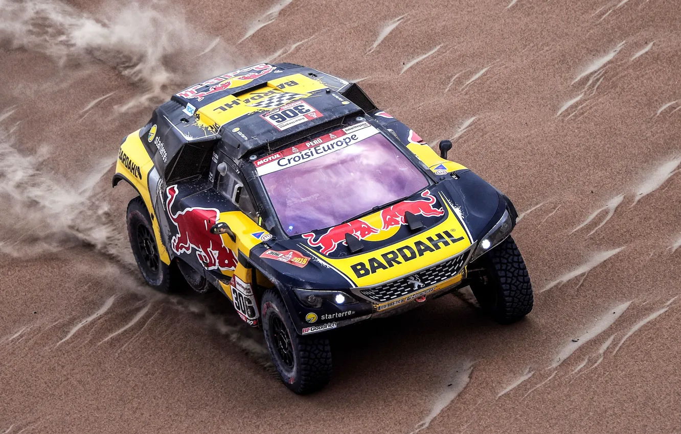 Photo wallpaper Sand, Sport, Machine, Race, Peugeot, Red Bull, Rally, Dakar