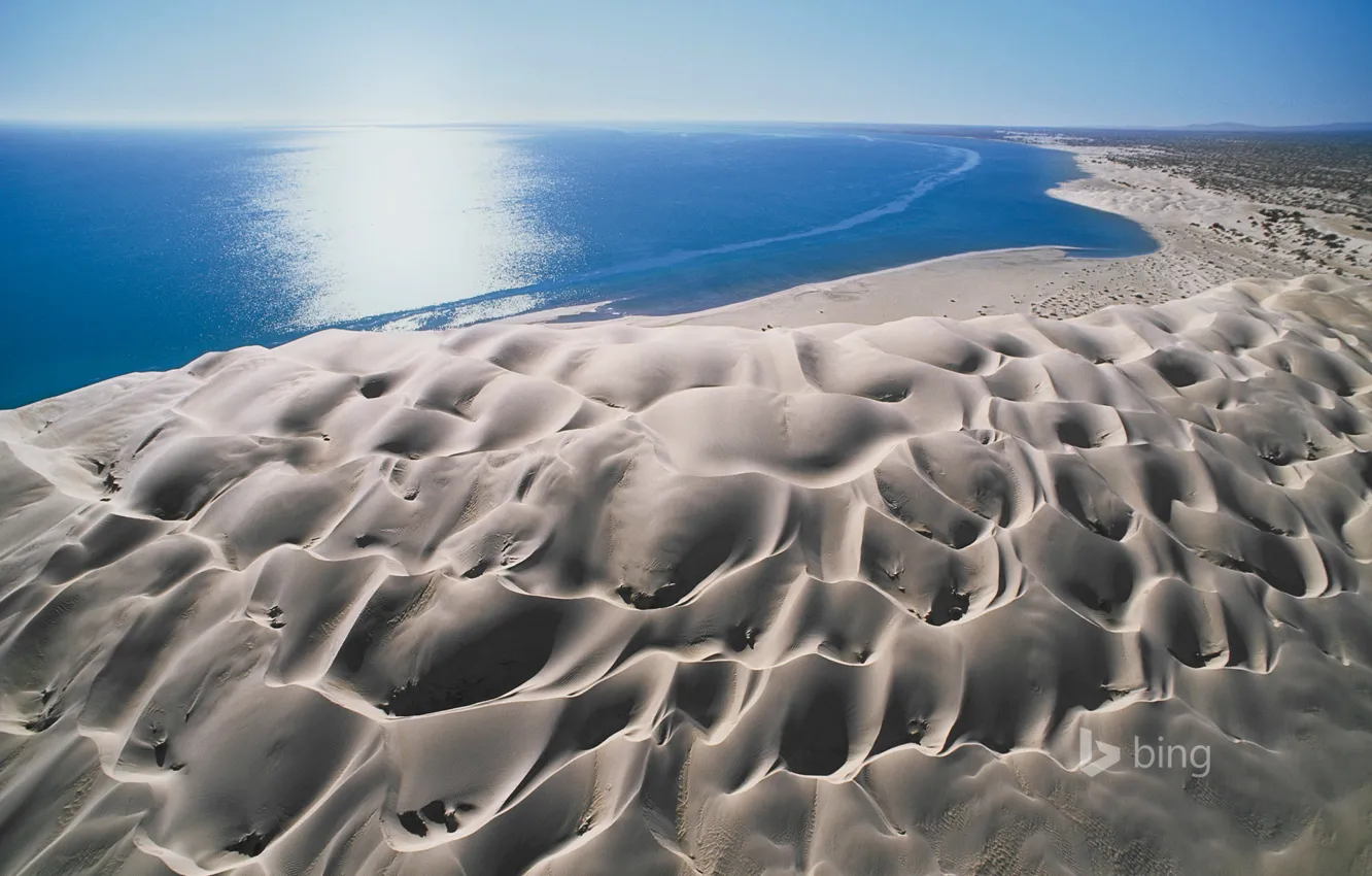 Photo wallpaper sand, sea, the sky, the sun, landscape, glare, dunes