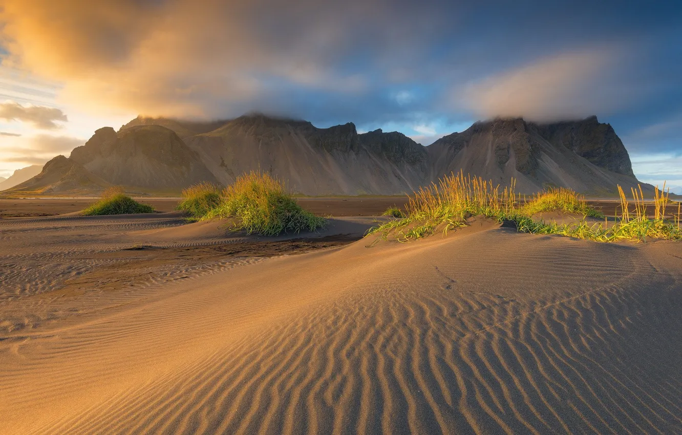 Photo wallpaper sand, the sky, grass, clouds, landscape, mountains, nature, the dunes
