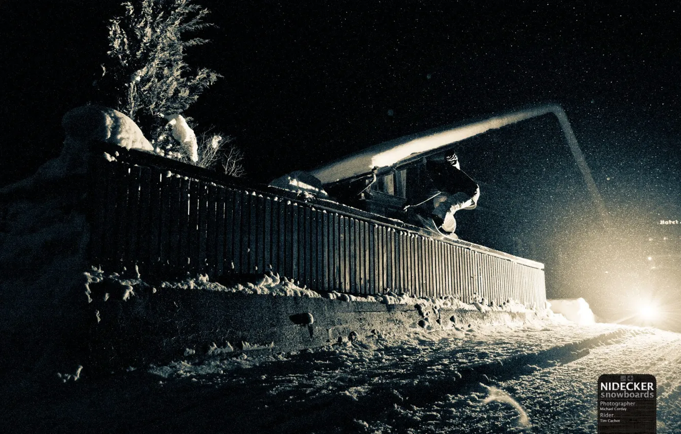 Photo wallpaper roof, light, snow, trees, style, snowboard, lights, the fence