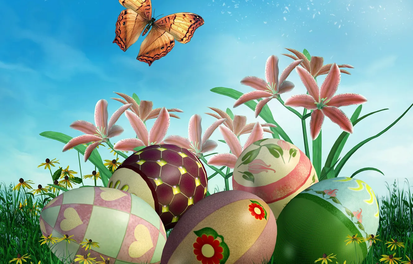 Photo wallpaper flowers, rendering, eggs, Easter, flowers, spring, easter
