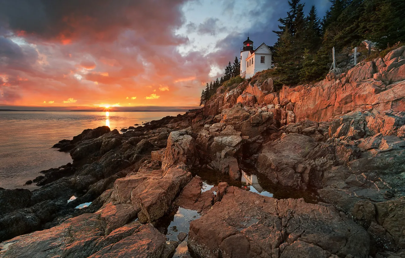 Photo wallpaper sunset, rocks, lighthouse, the evening, USA, harbour, national Park, Maine