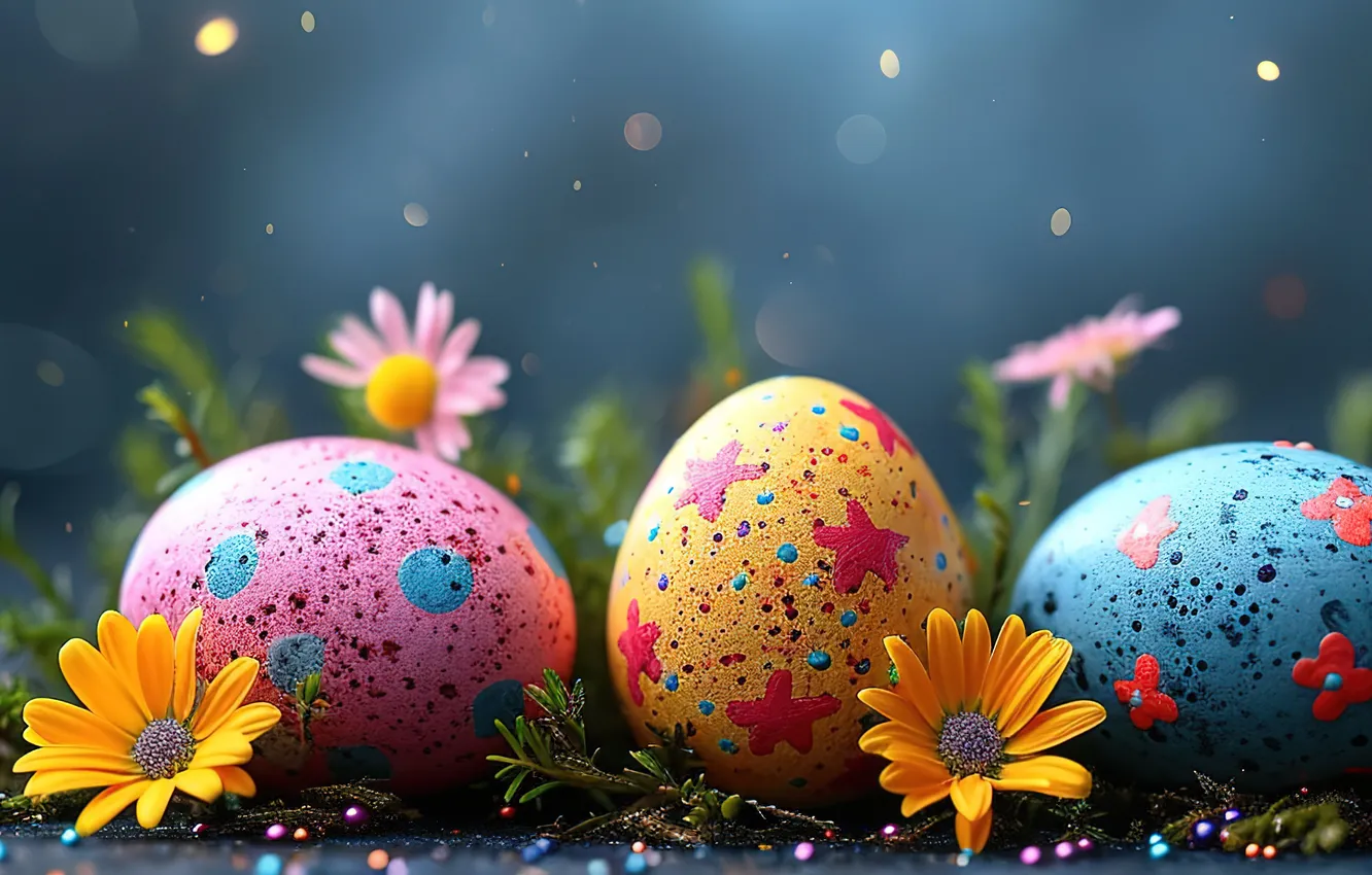 Photo wallpaper flowers, eggs, spring, colorful, Easter, flowers, spring, Easter