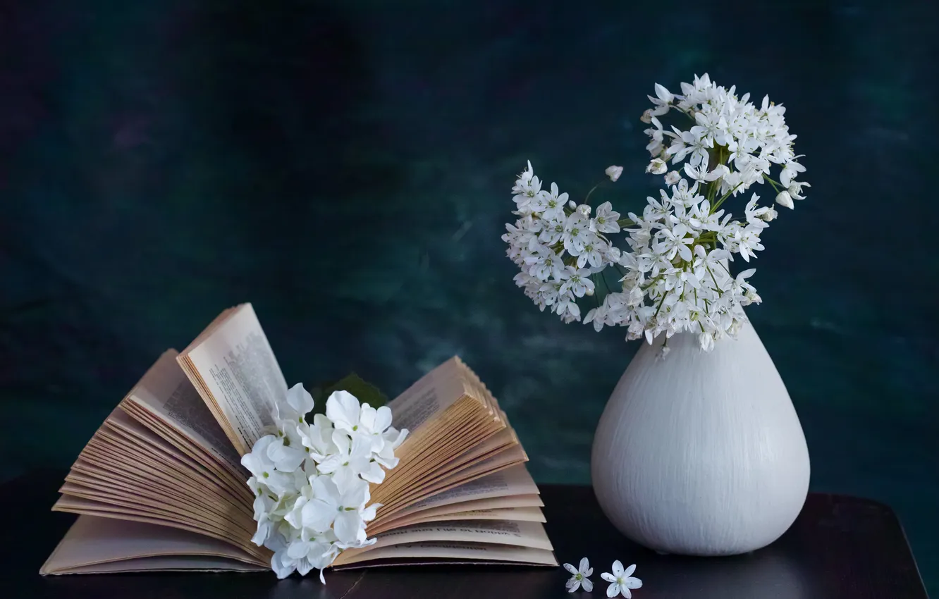 Photo wallpaper white, flowers, the dark background, table, bouquet, book, vase, white