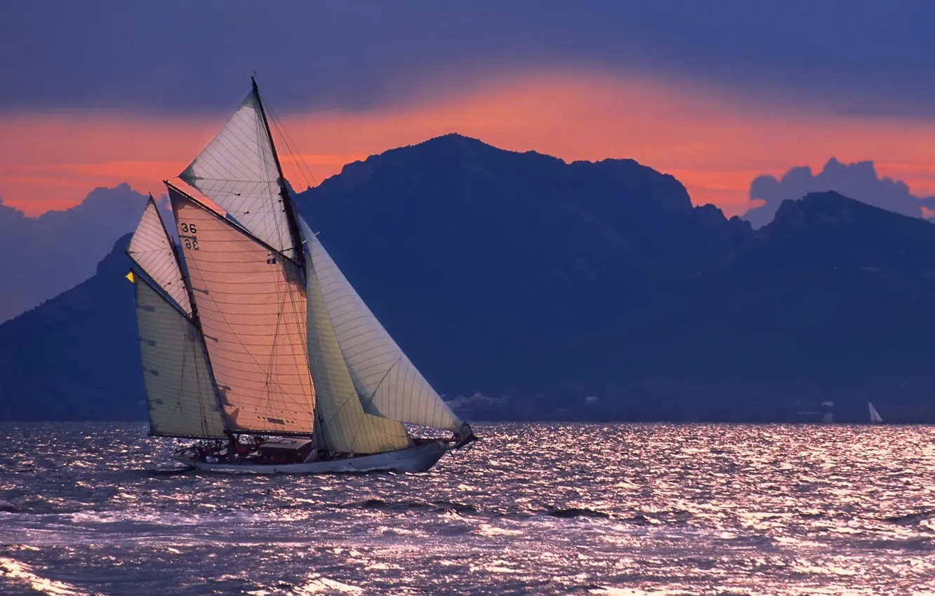 Photo wallpaper sea, the sky, mountains, the evening, sail