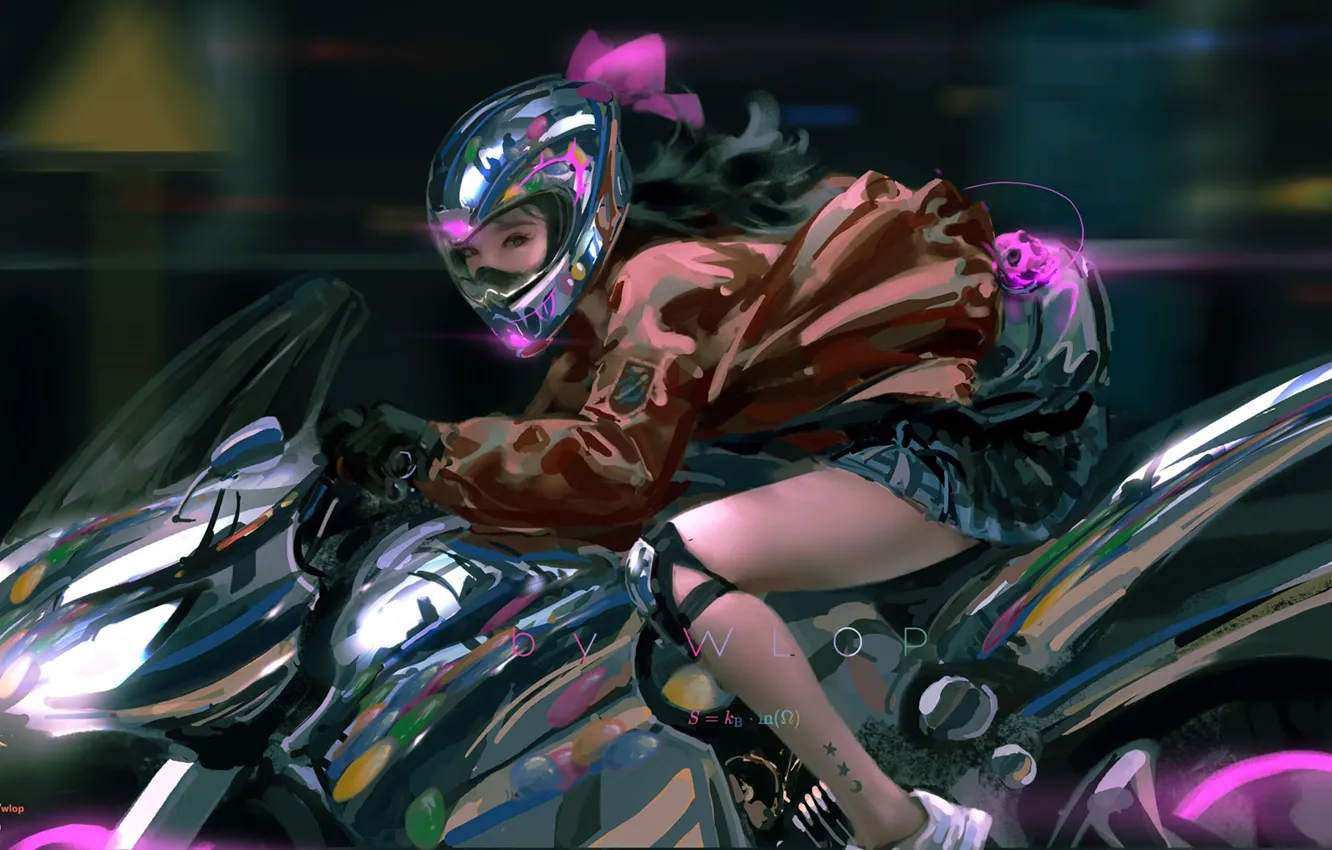 Photo wallpaper girl, motorcycle, women, digital art, artwork, pearls, motorbike, jacket