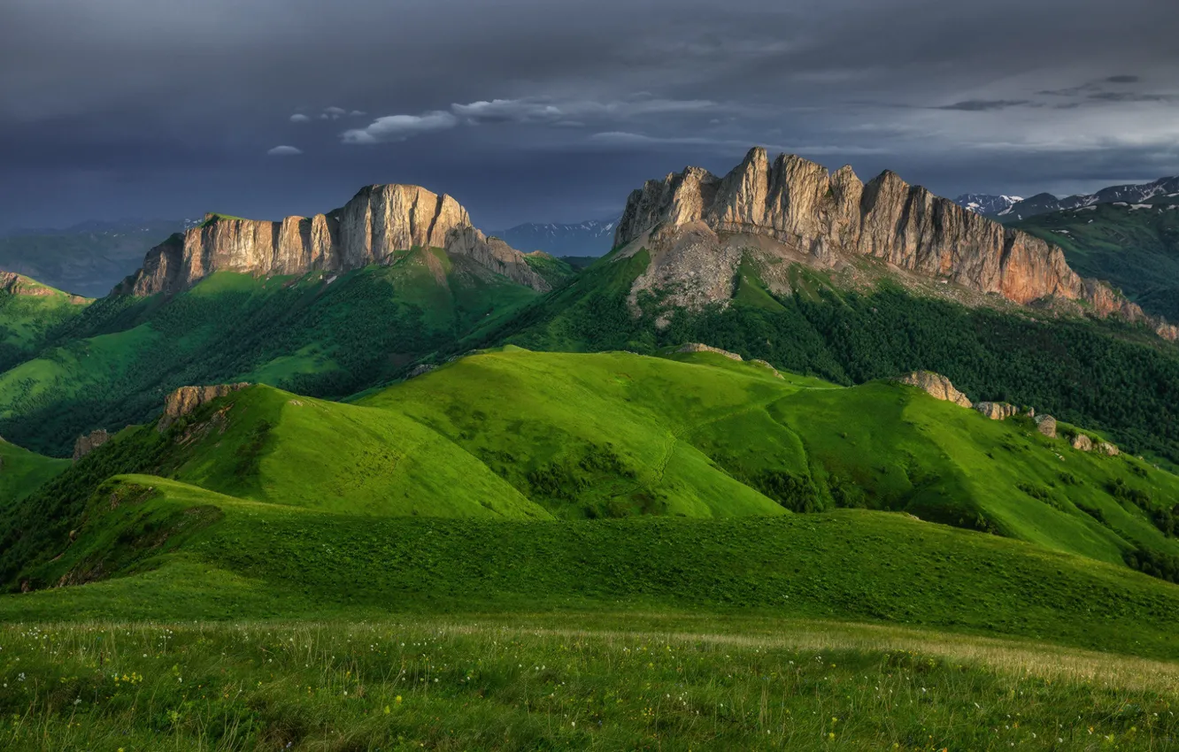 Photo wallpaper landscape, mountains, nature, hills, meadows, Acheshbok, Western Caucasus