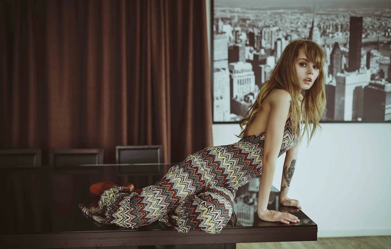 Photo wallpaper model, On The Table, Jumpsuit, Anastasia Scheglova, tattoo