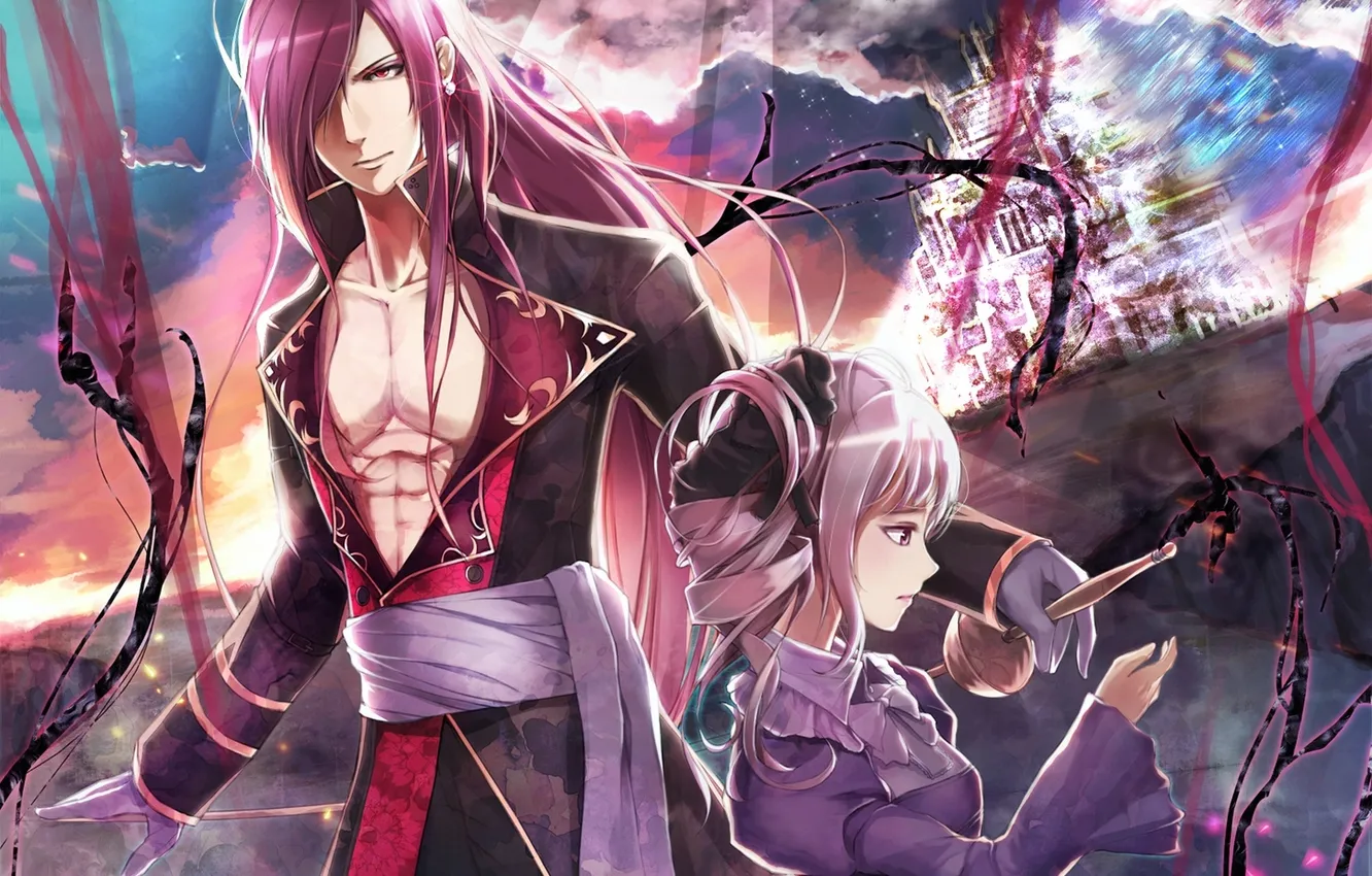 Photo wallpaper the sky, girl, clouds, weapons, castle, anime, art, guy