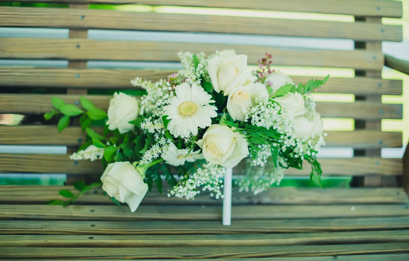 Photo wallpaper flowers, bench, bouquet, white