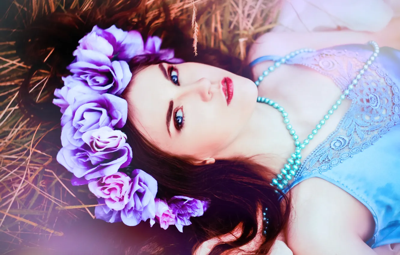 Photo wallpaper eyes, girl, flowers, red, blue, hair, makeup, lips