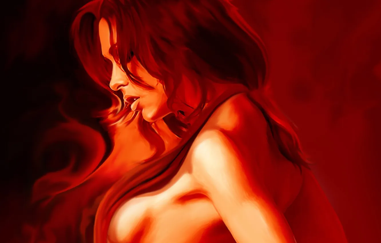 Photo wallpaper chest, girl, fire, red, hair, profile