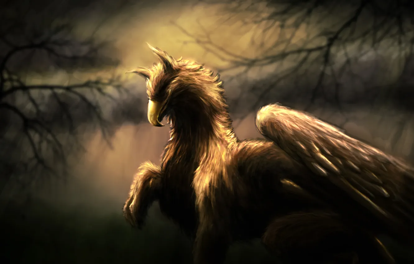 Photo wallpaper trees, branches, background, fiction, wings, beak, art, nipon