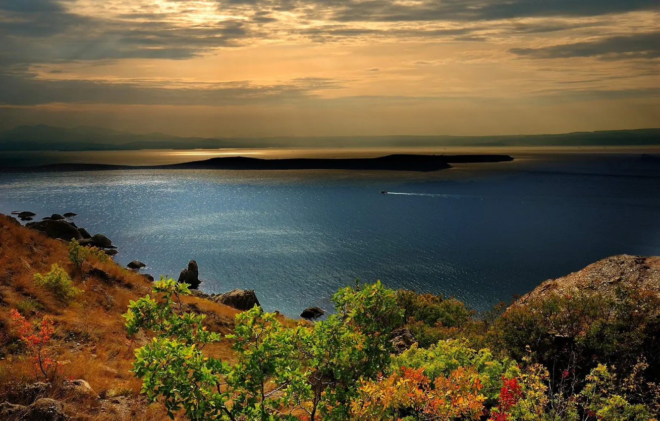Photo wallpaper sea, mountains, stones, boat, Black, the bushes, Crimea