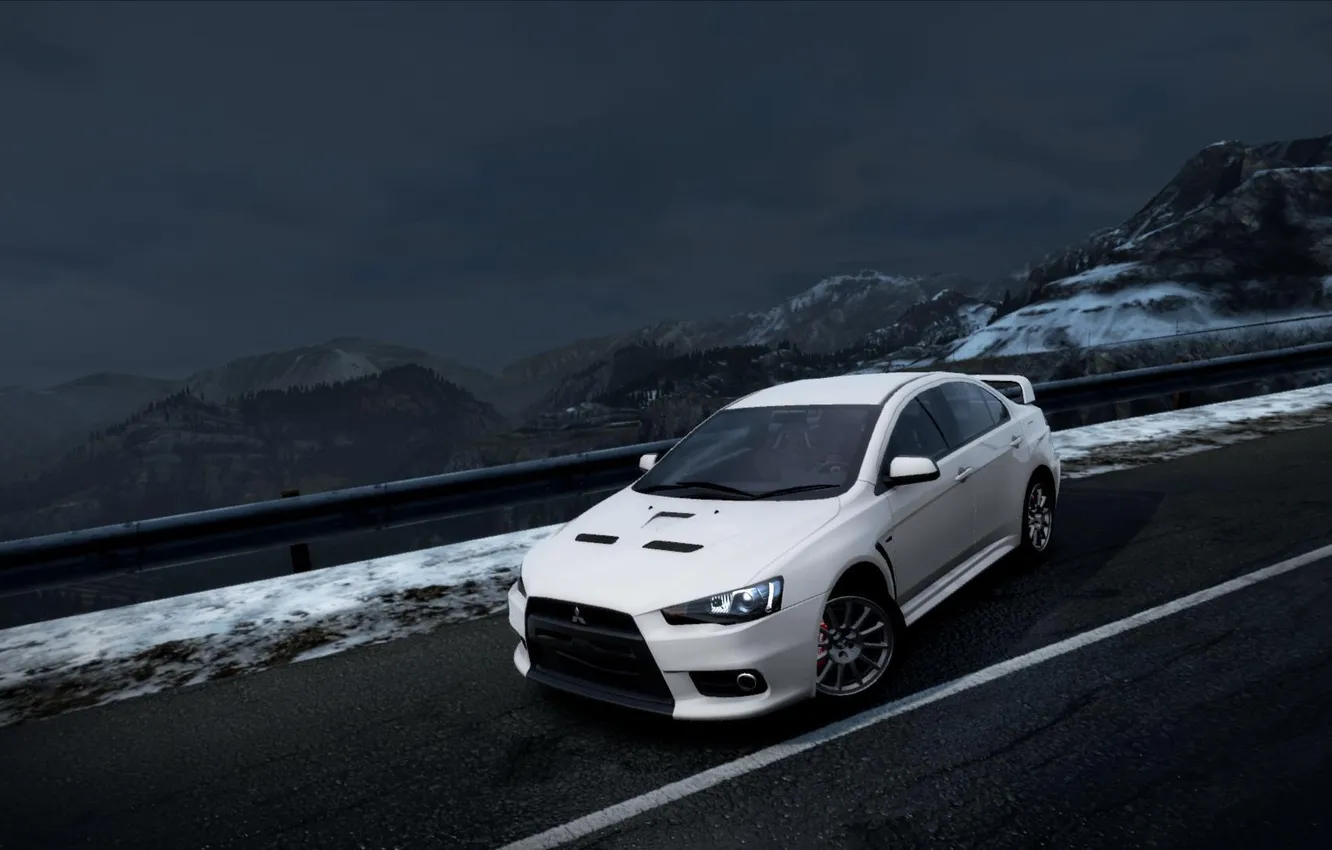 Photo wallpaper mountains, night, view, need for speed hot pursuit, Mitsubishi Lancer Evolution X