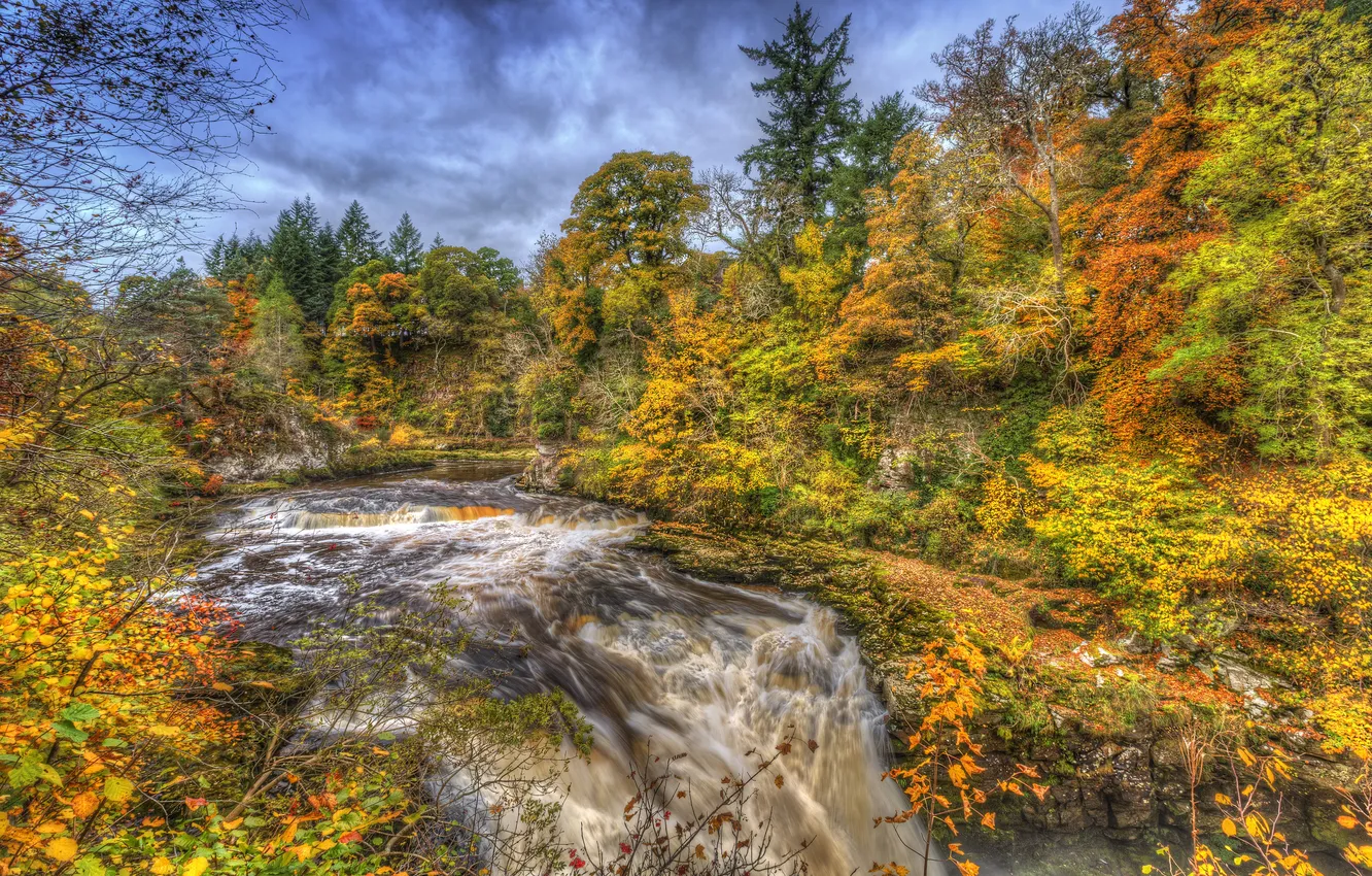 Photo wallpaper autumn, forest, stream, for, waterfall, HDR, Scotland, reserve