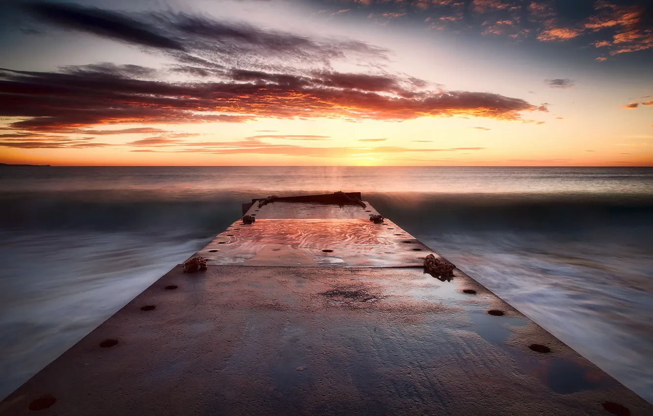 Photo wallpaper sea, landscape, sunset, bridge